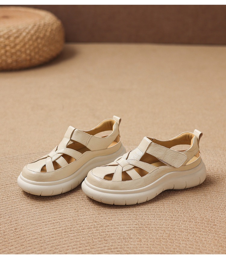 Sandal nữ đế dày da cừu phối quai ngang phong cách học đường — màu đen, màu trắng ngà chi tiết 22