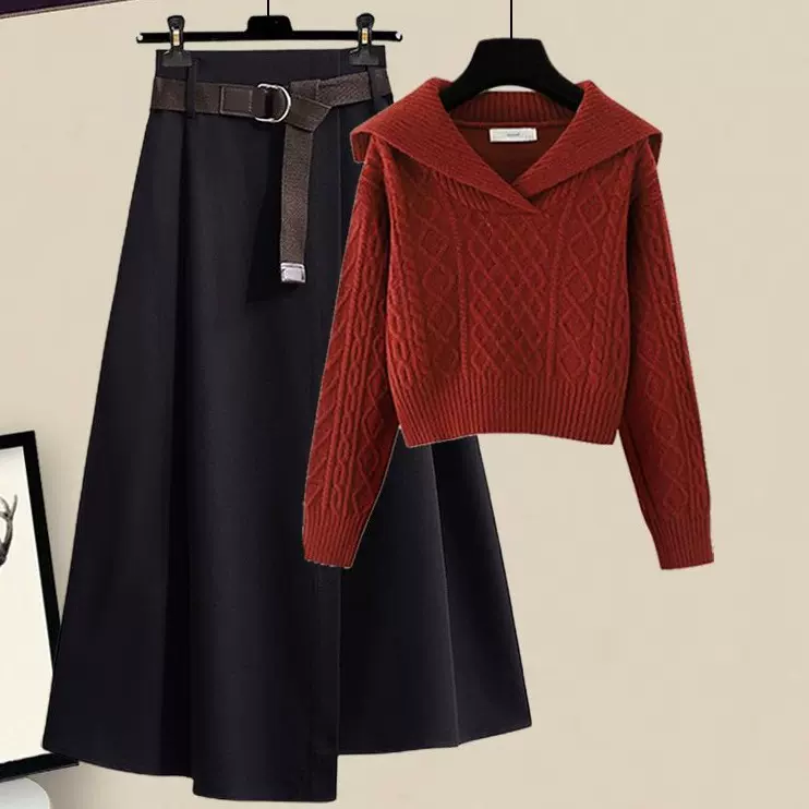 海军领复古日系慵懒风毛衣秋季2024小个子短款上衣配半身裙两件套