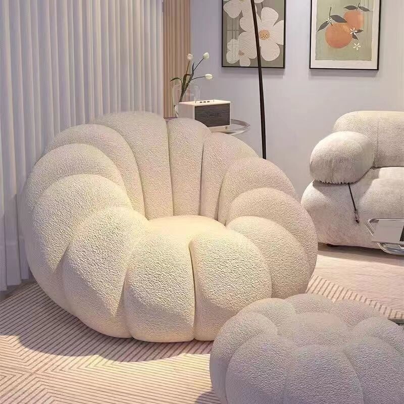 Light luxury lamb wool pumpkin sofa, white cute single sofa for bedroom and balcony, cream-style leisure lazy sofa