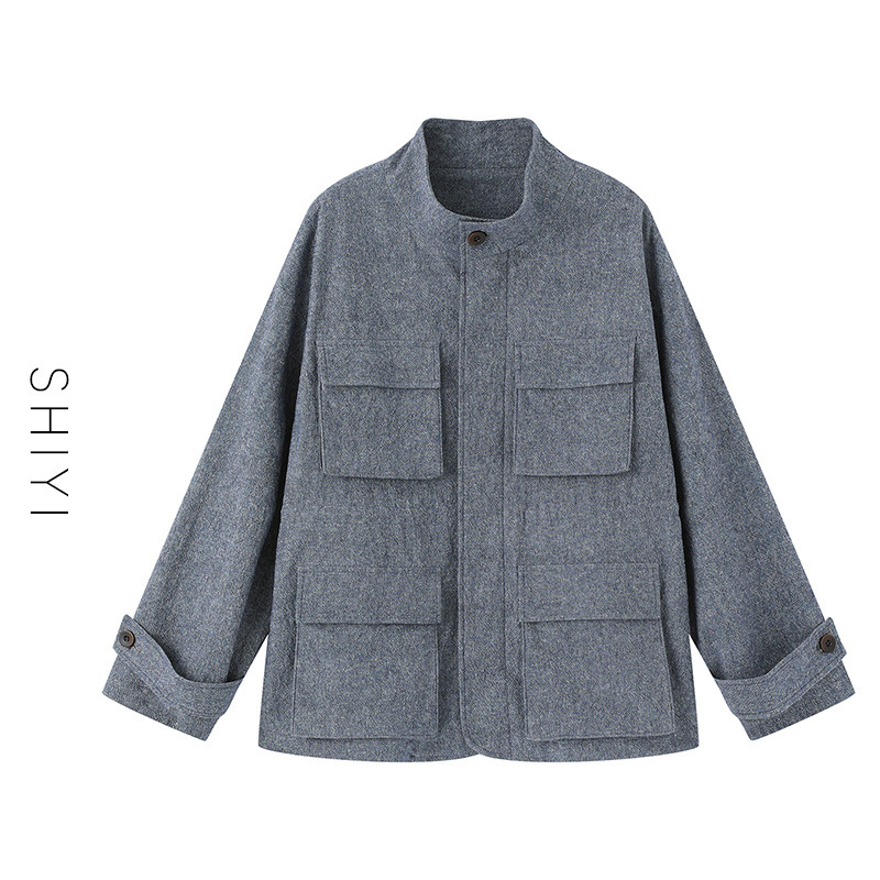 Summer Relaxed Breathable Cotton-Linen Oversized Workwear Jacket with Contrasting Color Plaid Patch Pockets and Floral Texture Wholesale Summer Relaxed Breathable Cotton-Linen Oversized Workwear Jacket with Contrasting Color Plaid Patch Pockets and Floral Texture Wholesale