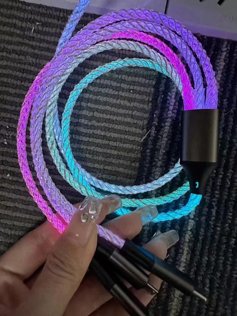 RGB 1-to-3 Data Cable Car-mounted LED Gradient Light Applicable Android Apple Huawei Type-C 3-in-1 Fast Charging Cable
