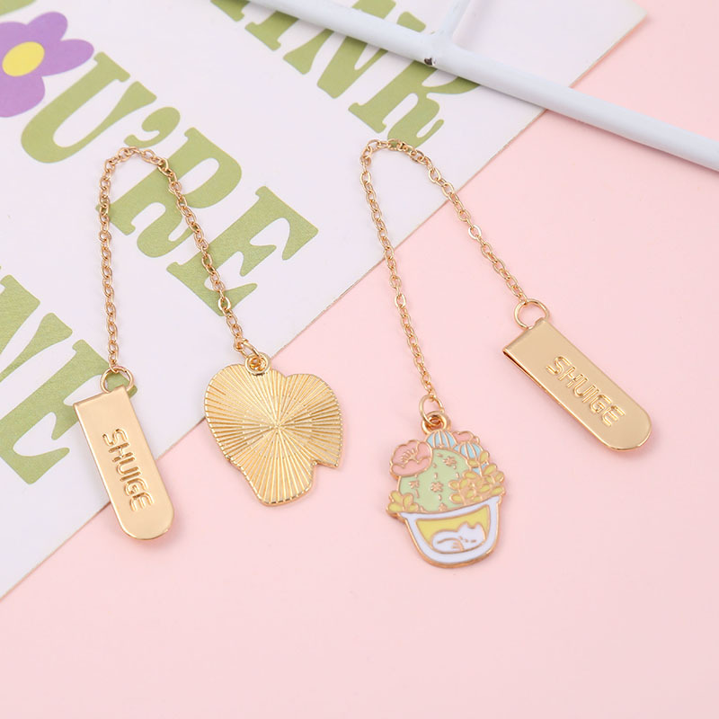 卡通少女心個性創意金屬書籤可愛貓咪仙人球盆栽學生禮物文具掛件