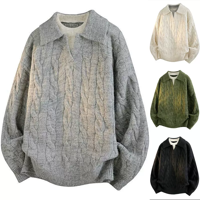 假两件POLO衫V领麻花针织衫毛衣男秋冬商务外穿线衣外贸跨境批发