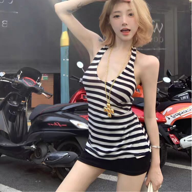Jianmanni Summer Spicy Girl Striped Halter Neck Tank Top for Women, Niche Sexy Backless Slim Fit Sleeveless Top Jianmanni Summer Spicy Girl Striped Halter Neck Tank Top for Women, Niche Sexy Backless Slim Fit Sleeveless Top