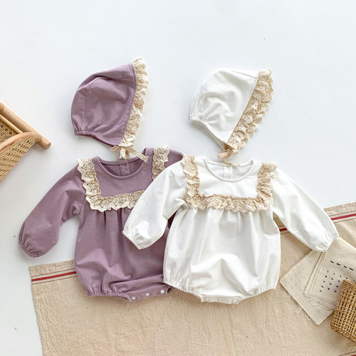 Spring and Autumn New Korean Style Baby Girl Trendy Lotus Collar Lace Edge Bodysuit Diaper Cover Outfit for Infants