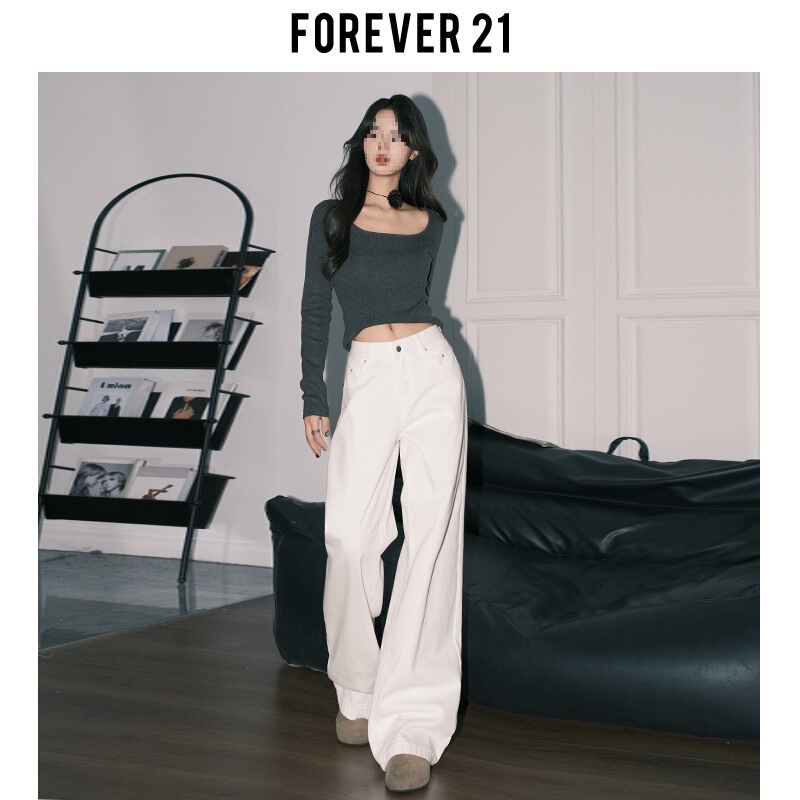 Cross-Border Forever 21 American White Draped Wide-Leg Jeans for Women in Autumn and Winter, Versatile High-Waisted Loose Straight-Leg Mop