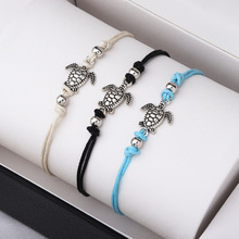 跨境爆款手链饰品女沙滩古银三色海龟乌龟蜡绳编织脚饰可调节时尚