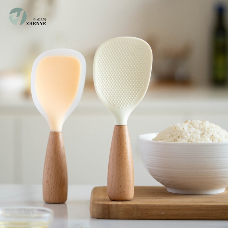 食品グレードのシリコンしゃもじ、垂直ノンスティックしゃもじ、見栄えの良いしゃもじ、木製ハンドル、滑り止めしゃもじ|undefined