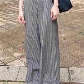 灰色条纹亚麻阔腿裤女夏季薄款日系小个子棉麻裤子宽松运动休闲裤