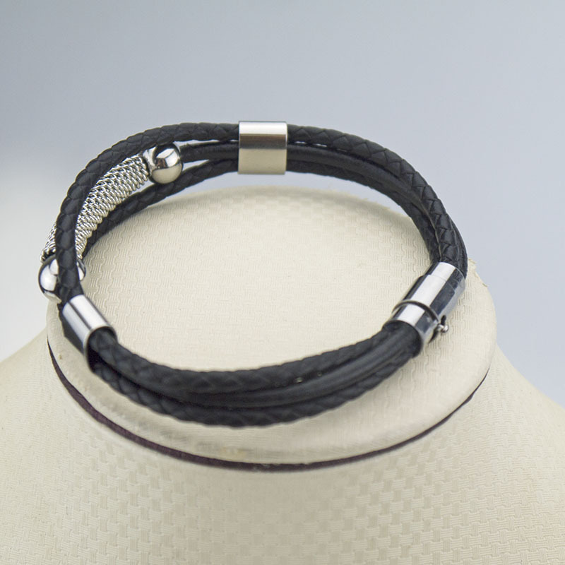 Bracelet Men's Fashion Mesh Hollow Leather Bracelets & Bangles Multi-Layer Wide Wrap Titanium Steel Clasp