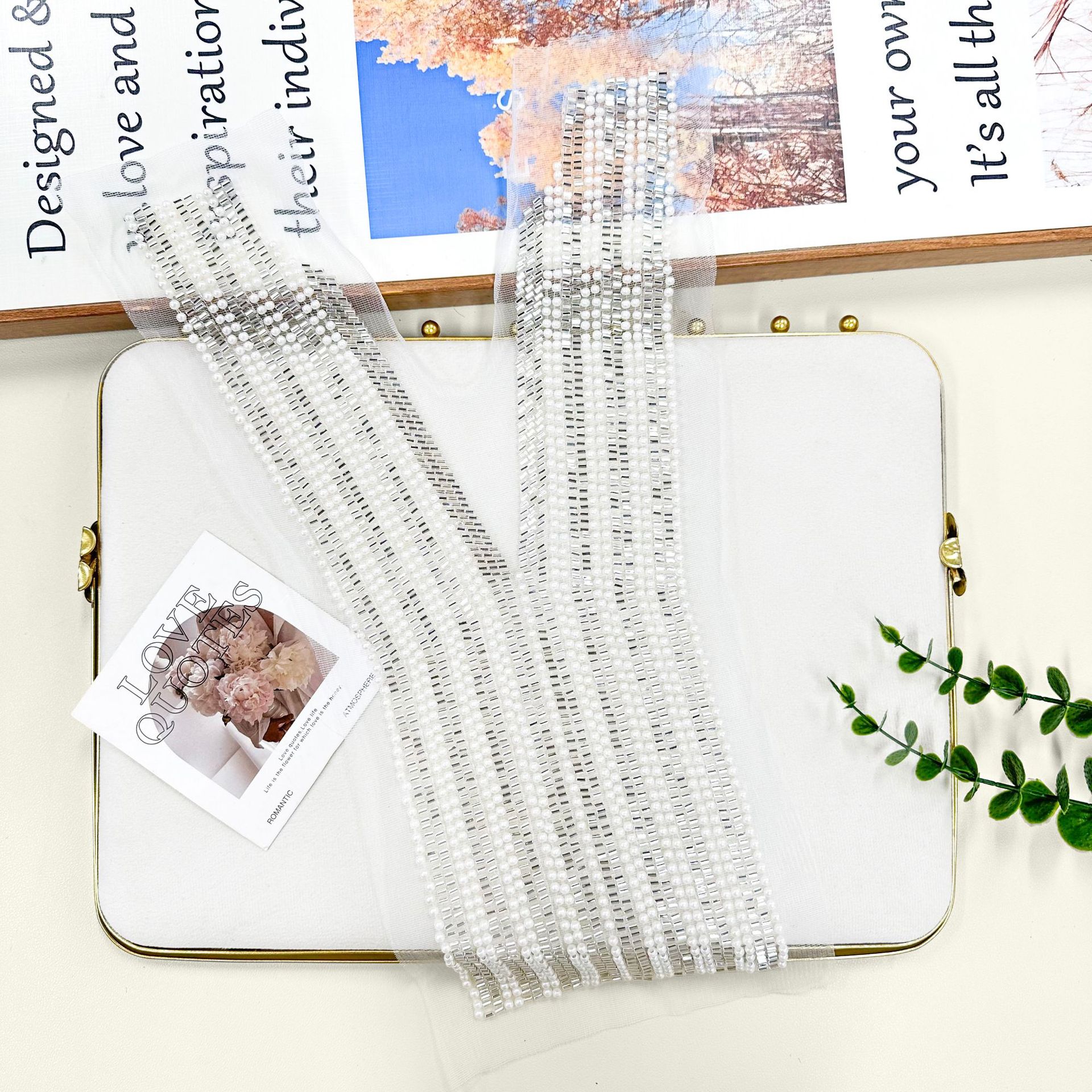 Cadena de cuentas de encaje soluble en agua, bordado, esquinilla, cuentas de plata, cinta, vestido de boda, collar, accesorios, cinta de cebolla.