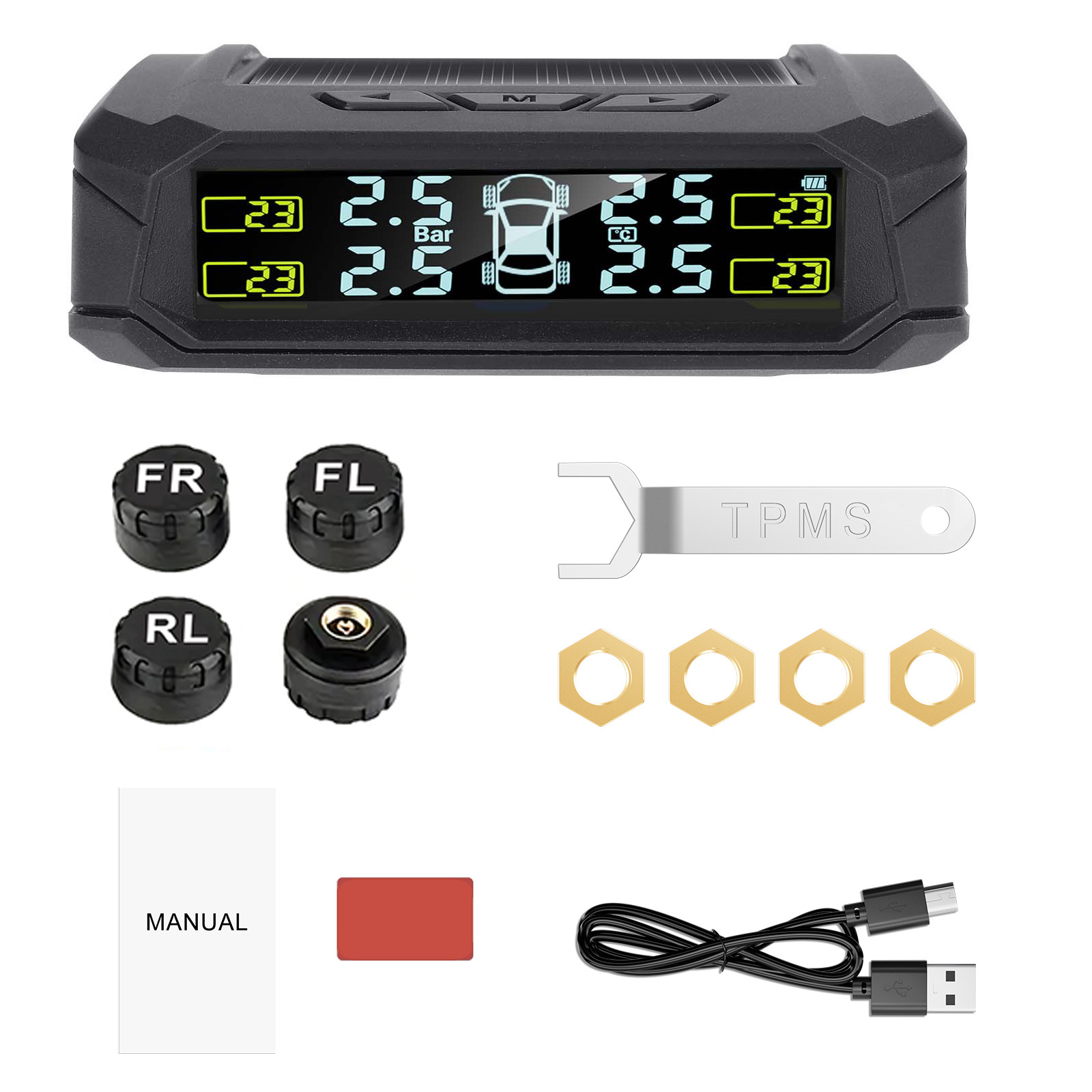 Tire Pressure Monitor Solar-Powered 4-Wheel Color Screen Digital Display Detector Wireless High-Precision Intelligent Tpms Air Pressure Detection