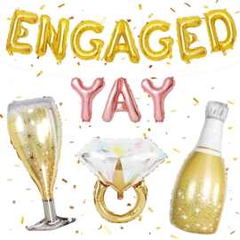 金色字母ENGAGED YAY字母酒瓶酒杯钻戒组合气球套餐婚前派对装饰