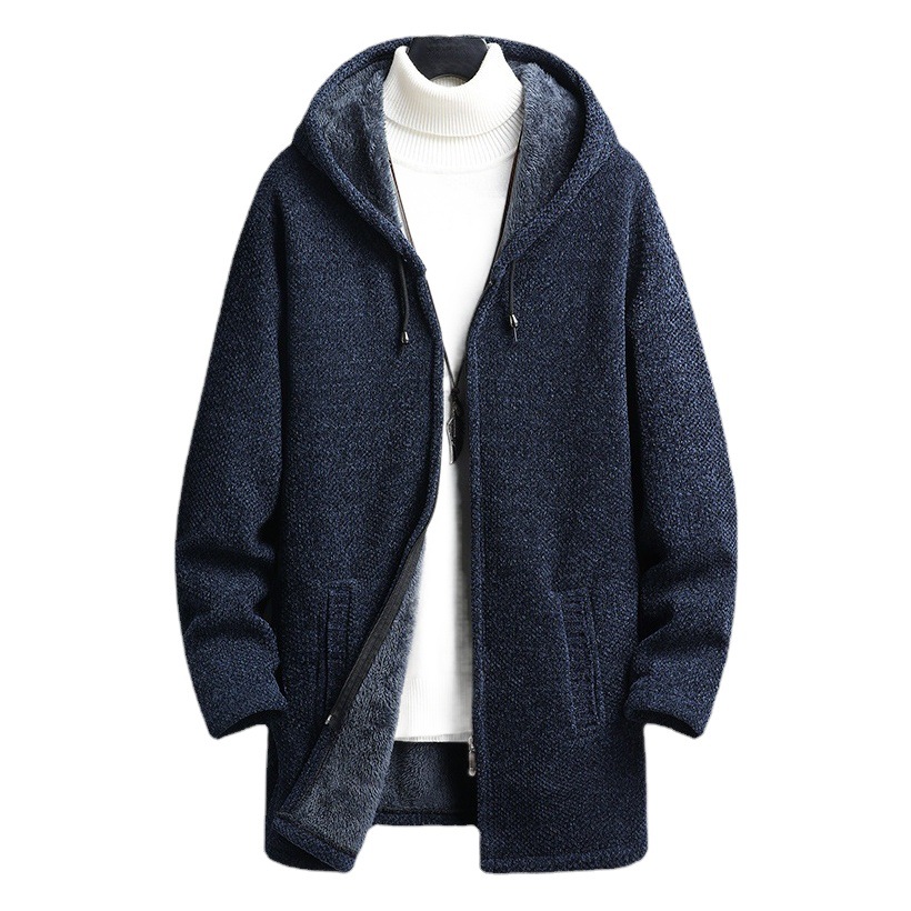 Cross-border foreign trade generation autumn and winter new men's velvet padded warm long zipper hooded sweater cardigan