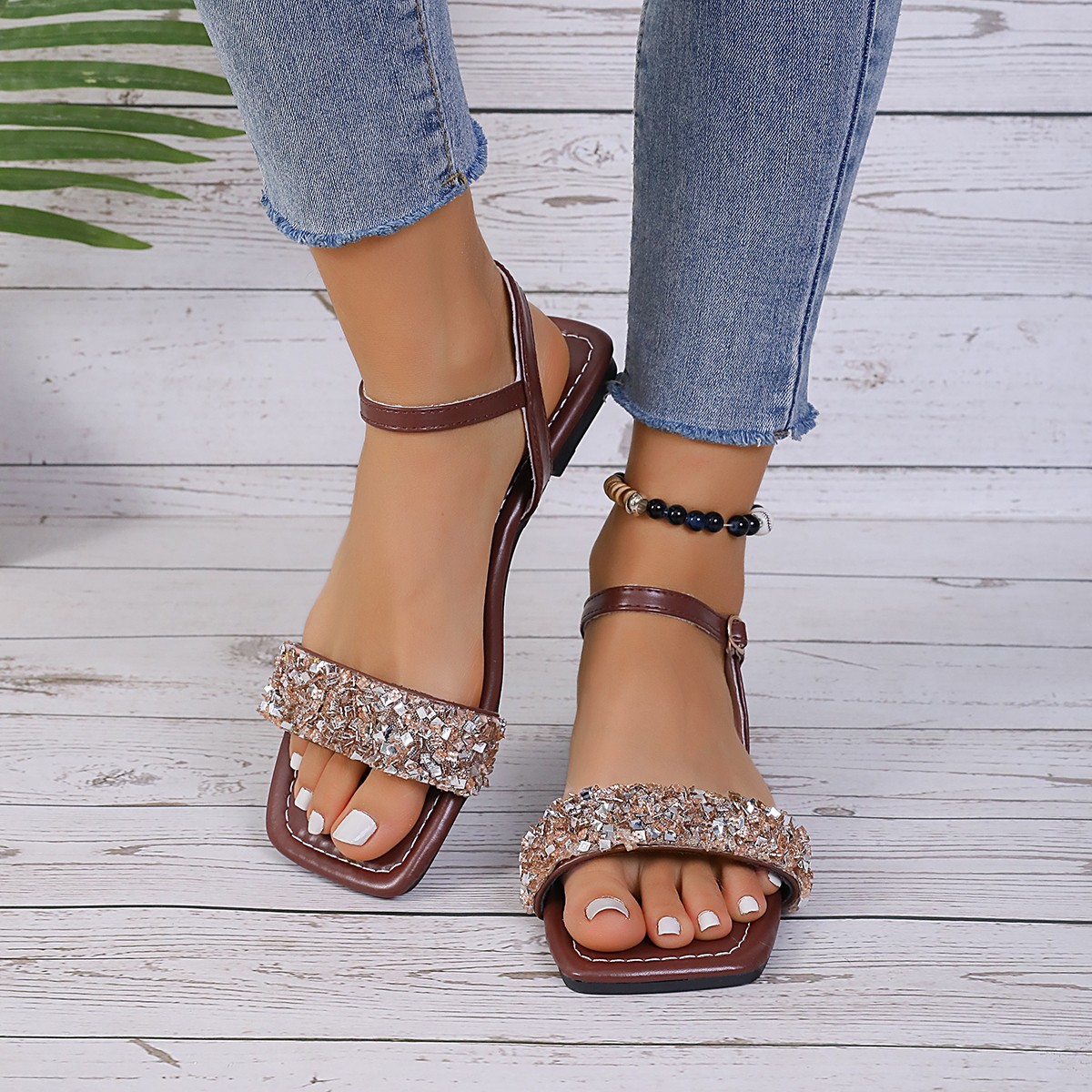 Women's Streetwear Solid Color Rhinestone Square Toe Open Toe Ankle Strap Sandals Empty display picture 2