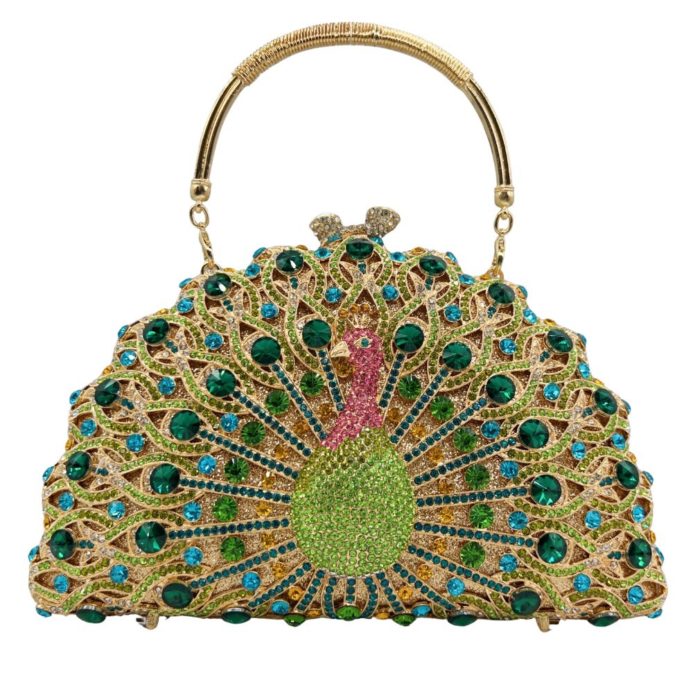 Túi clutch nữ đính đá hình con công rỗng dạ hội — Đen xanh lục, Xanh vàng, Nền vàng kim cương trắng, Vàng hồng