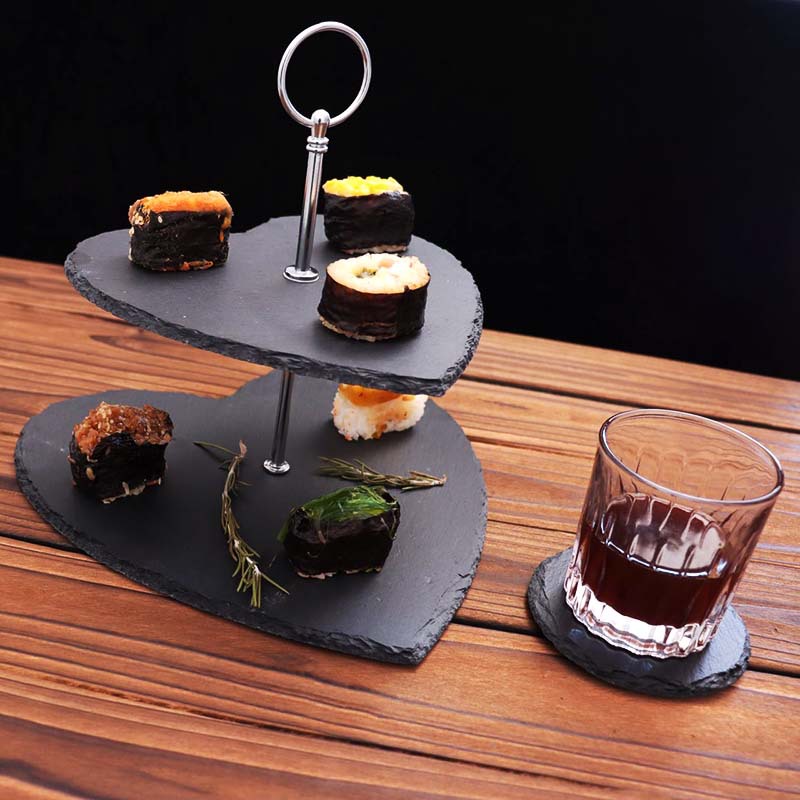 Estilo japonés y coreano Luz de lujo doble capa negro pizarra pastel soporte tarde té pastel placa occidental postre Placa de fruta Placa de oscilación