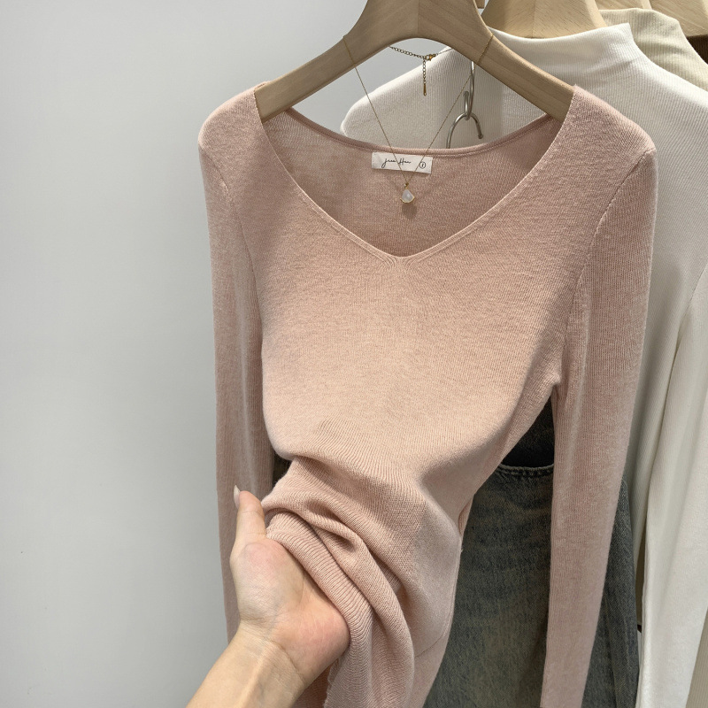 Brand Discount Cut Out Waist V-Neck Long-Sleeved Knitwear for Women 2025 Autum New Slim and Beautiful Single Top