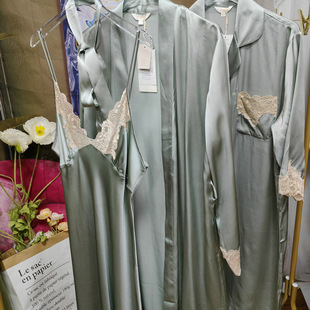 French Fairy Fruit Green Silk Pajamas Mulberry Silk Suspender Nightgown Sexy Lace Dressing Gown Bathrobe Home Clothes