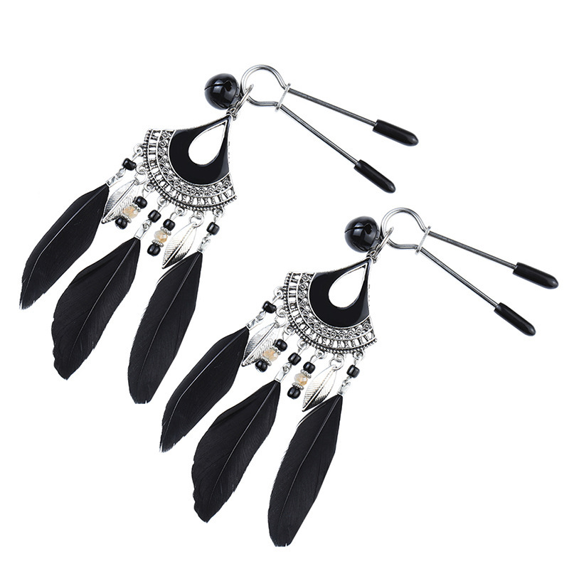 Vintage Metal Nipple Clamps with Feather Tassels, Bohemian Style Pair — detail image 14