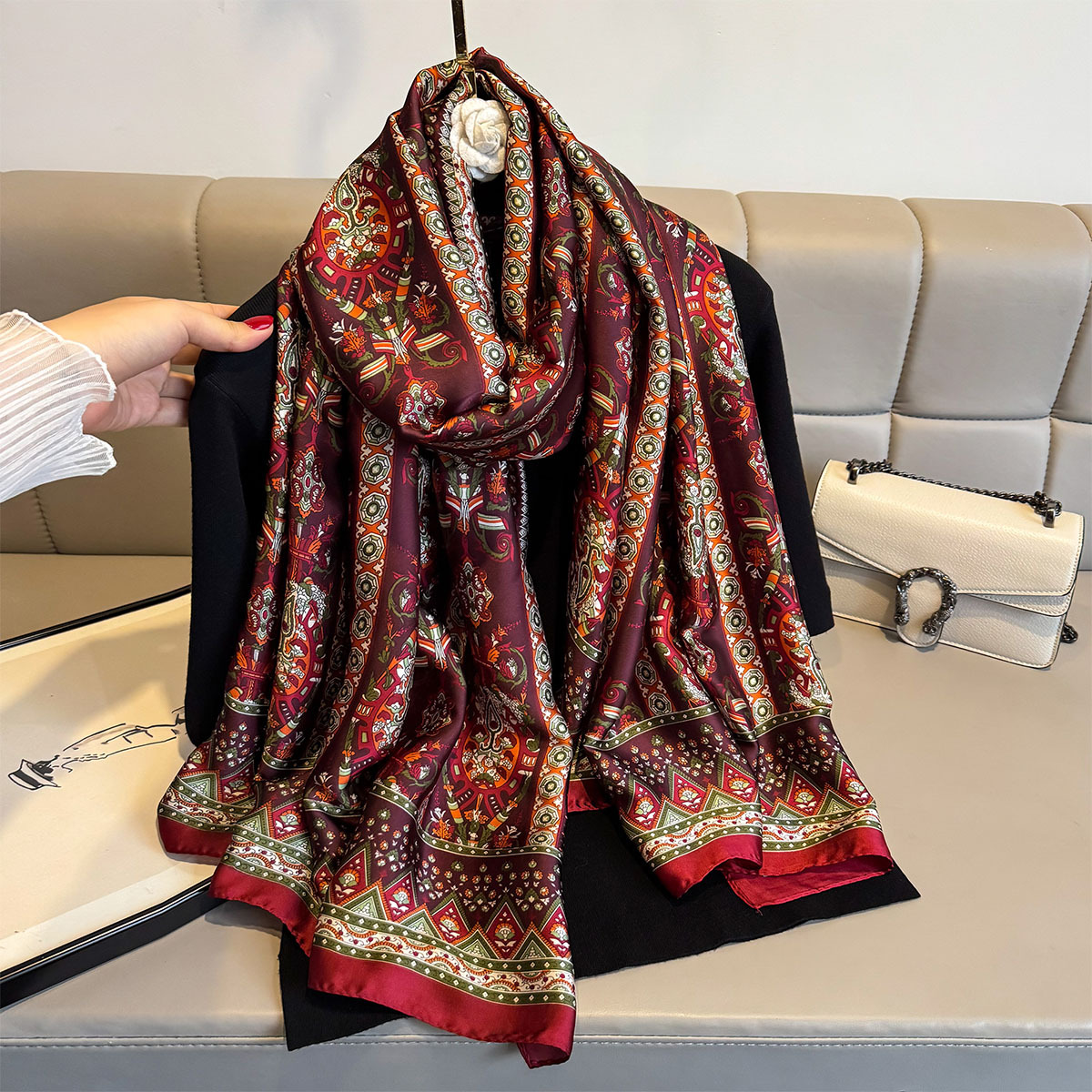New Summer Imitation Silk Women's Long Scarf Air-Conditioned Shawl Fashionable and Versatile Travel Photo Sun Protection Beach Towel Cross-Border