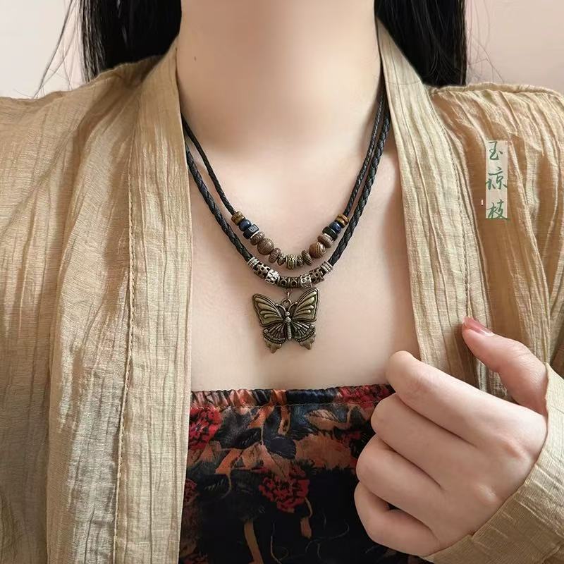 新中式叠戴吊坠项链女藏式民族风复古锁骨链小众古风百搭毛衣链潮|undefined