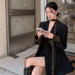 豹纹飘带翻边袖无领黑色西装春秋季感宽松洋气休闲西服外套女2025