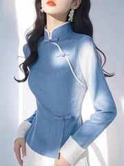 新中式国风蓝色立领长袖衬衫女2025秋装新款复古盘扣小衫拼接衬衣