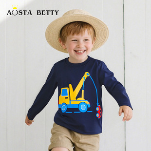 Spring and Autumn Boy's Excavator Printed Pattern Long Sleeve T-shirt European and American Style Round Neck Pullover Base Shirt