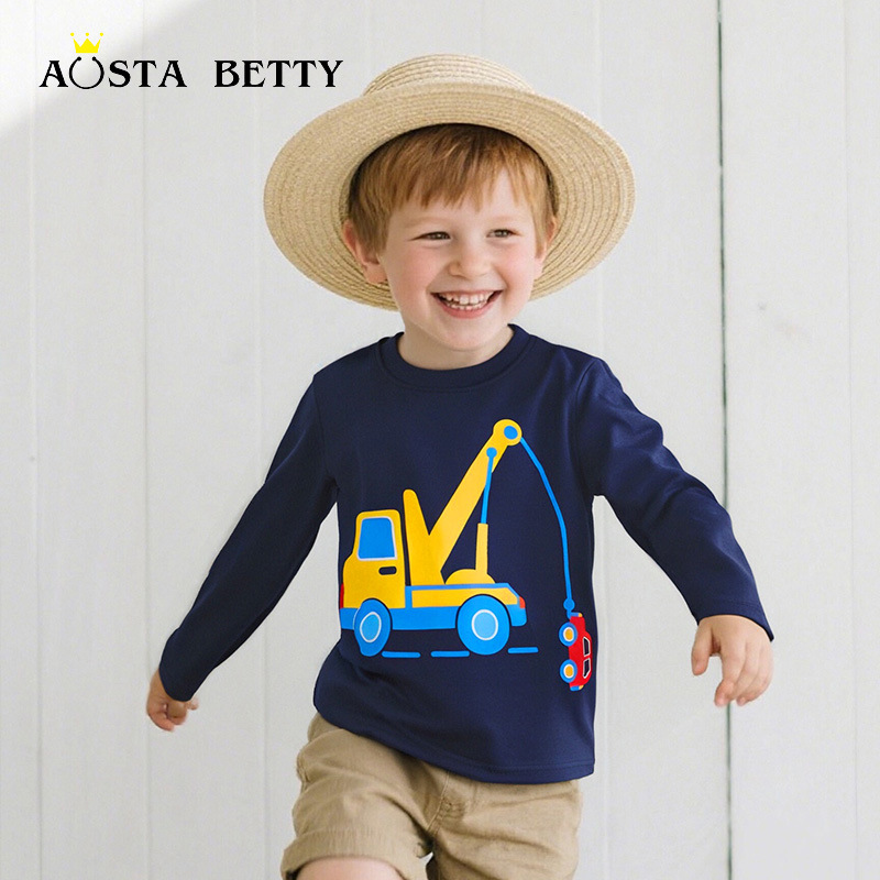 Camiseta de manga larga para niños estilo primavera y otoño con estampado de excavadora, estilo europeo y americano, camiseta básica con cuello redondo para niños pequeños.