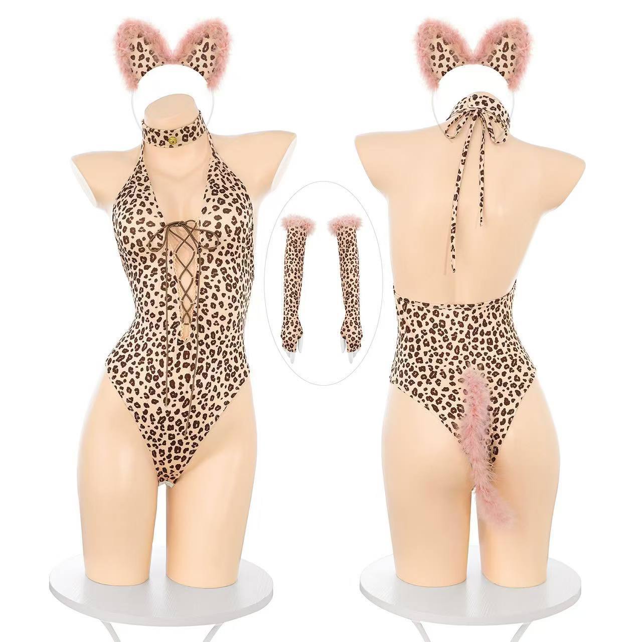 Leopard Print Bunny Girl Costume Set with Open-Crotch Design and Cat Ear Theme — detail image 5