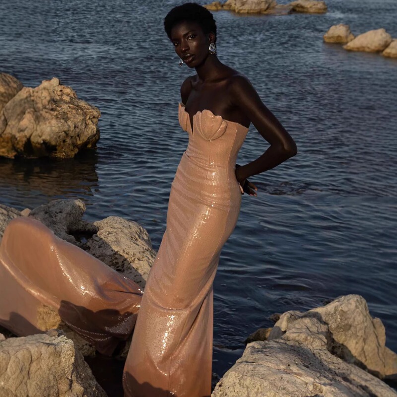 Long Dress, Slim Fit, Sequined, Resort Style Dress, Light Pink, Ready-To-Wear Party Dress, Strapless, Beach Fashion, Women's Clothing Long Dress, Slim Fit, Sequined, Resort Style Dress, Light Pink, Ready-To-Wear Party Dress, Strapless, Beach Fashion, Women's Clothing