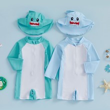 2026新款男童宝宝沙滩冲浪连体长袖配防嗮鲨鱼帽儿童跨境小童泳衣