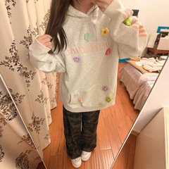 美式复古立体花朵刺绣连帽卫衣女春秋潮牌宽松休闲小个子百搭上衣