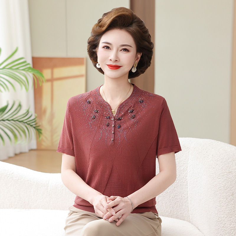 Mother's Day Summer Short-Sleeve Lyocell T-Shirt for Middle-Aged and Elderly Women, Plus-Size Qipao Collar Ice Silk Thin Top Mother's Day Summer Short-Sleeve Lyocell T-Shirt for Middle-Aged and Elderly Women, Plus-Size Qipao Collar Ice Silk Thin Top