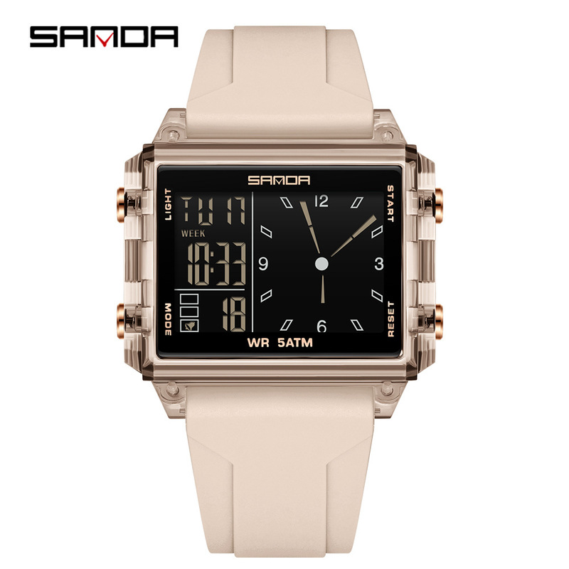 Sanda Square Large Dial Sports Watch Waterproof Dual Time Multi-Functional Student Watch Fashionable Electronic Watch 6273