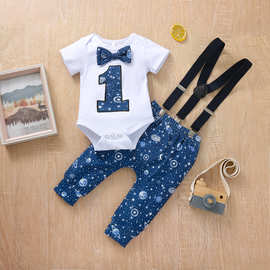 ins秋款新品星空印花生日款周岁领结哈衣爬服婴儿背带套装批发