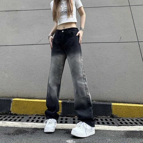Black Gradient Wide-Leg Jeans for Women, High-Waisted, Slimming, 2025 Summer, Thin, Loose Straight Leg, Floor-Length, Draping