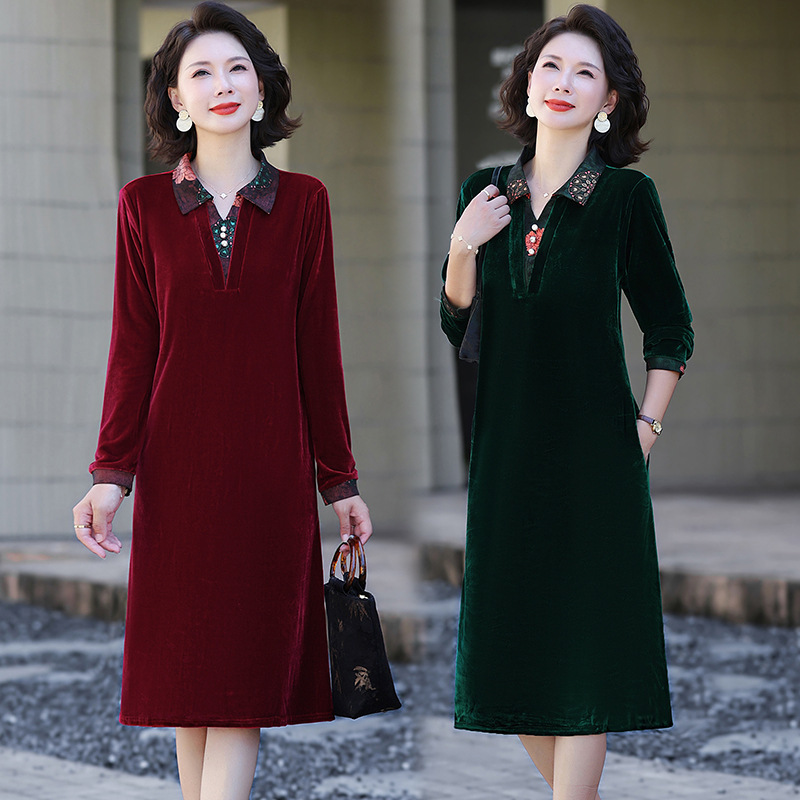 Spring and Autumn New Velvet Long Sleeve Dress Velvet Plus Size Elegant Fashionable Dress for Middle-Aged and Elderly Mothers Spring and Autumn New Velvet Long Sleeve Dress Velvet Plus Size Elegant Fashionable Dress for Middle-Aged and Elderly Mothers