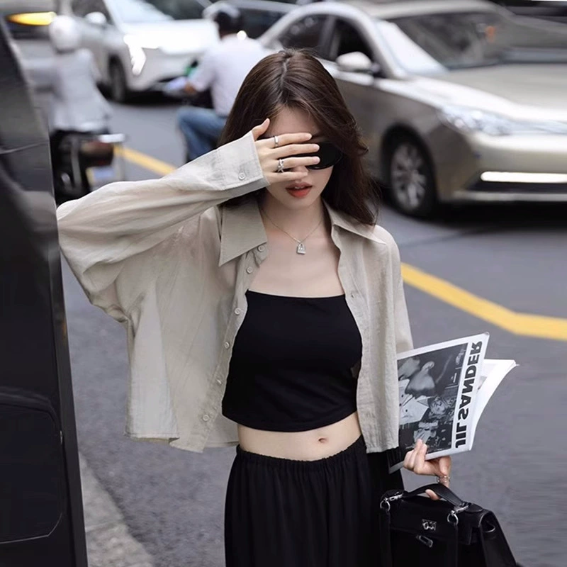 Короткая рубашка из ледяного шелка в гонконгском вкусе женская 2024 летняя новая длинная рубашка с длинными рукавами