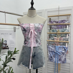 Real shot of ballet style pink ribbon cross-tie bow tube top tight-fitting navel-baring short top 8826