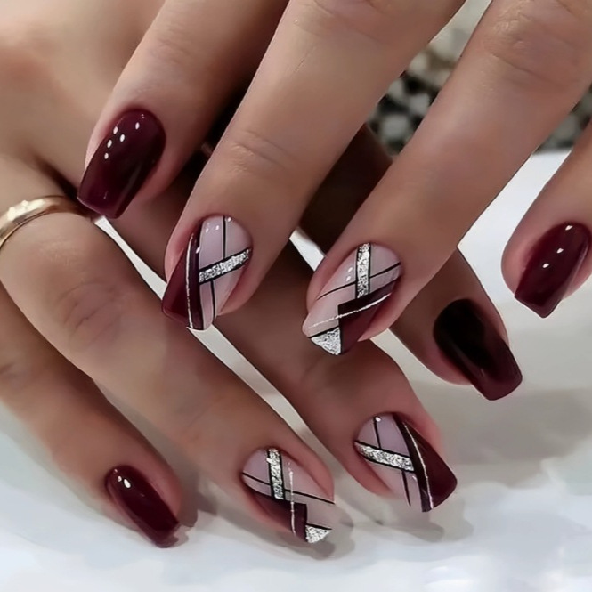 24 Pieces Wearable Nail Patch Nail Wearing Armor wine red Line Fake Nail Extension Removable Armor Wholesale 24 Pieces Wearable Nail Patch Nail Wearing Armor wine red Line Fake Nail Extension Removable Armor Wholesale