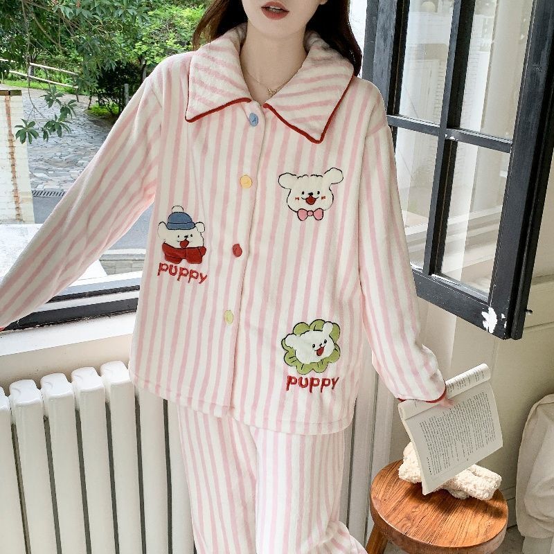 Autumn and Winter Coral Fleece Pajamas for Women, Thickened and Sweet Style, Flannel Warm Winter Loungewear for Petite Sizes