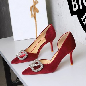 9269-AK202 European and American style high-end Xishi velvet one foot high heel silver rhinestone V-buckle decorative po
