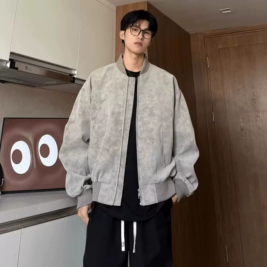 春秋季痞帅立领夹克男韩系扎染pu皮外套男宽松时尚潮流美式夹克男