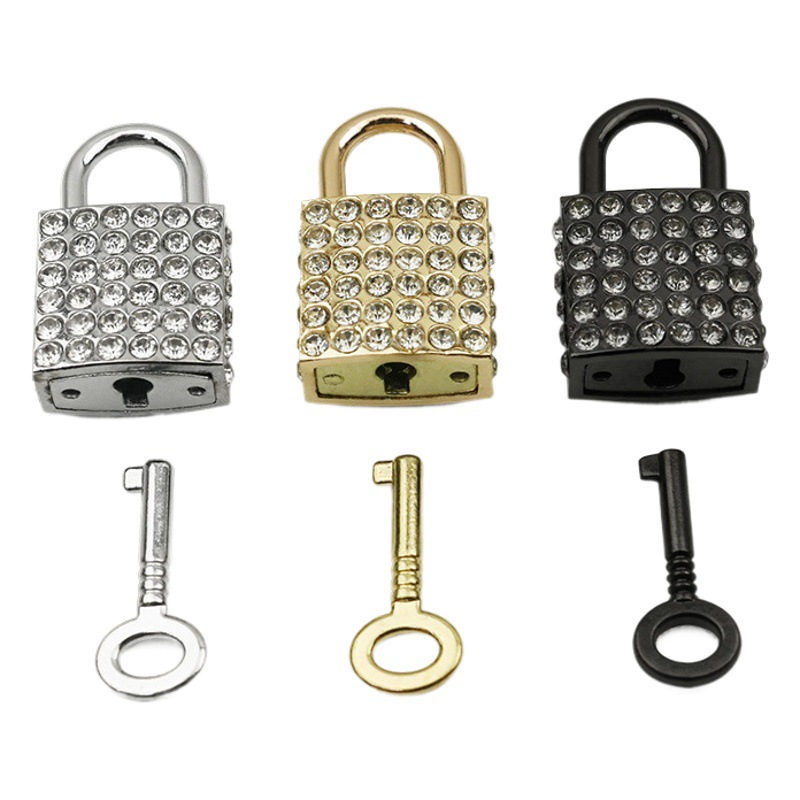 Luggage hardware accessories zinc alloy die-casting Diamond small square lock light gold luggage handbag pendant decorative padlock