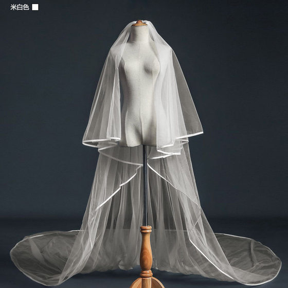Bridal Wedding Veil 3m Long 3m Wide Double-Layer Satin Ribbon Edge Long Trailing Veil Photography Simple Veil