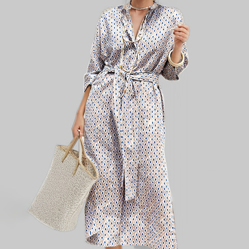 2025 Spring Independent Store Cross-border European and American Women's Fashion New Striped Cardigan Seven-Sleeve Collar Dress