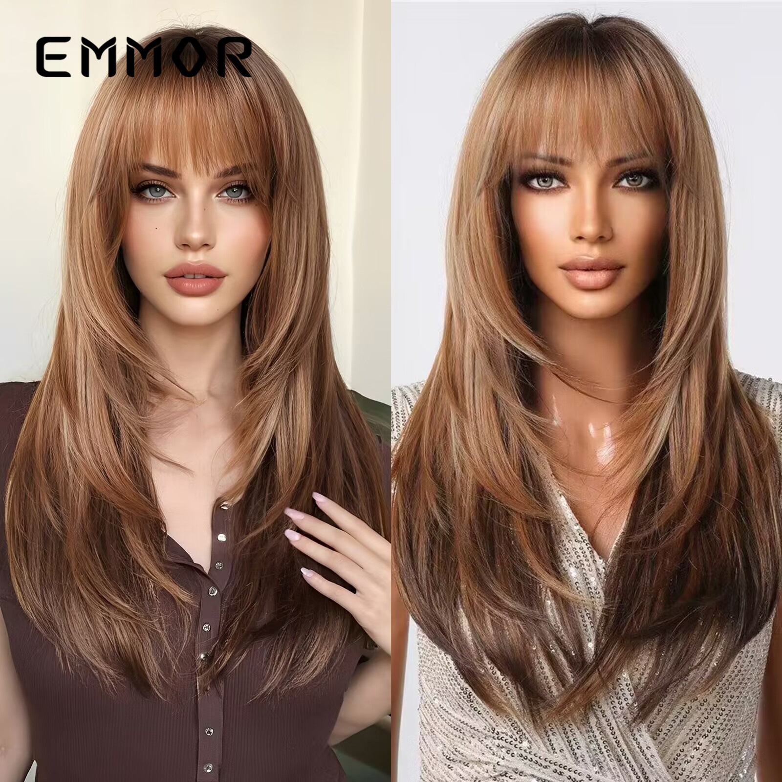 Qi flequillo gradiente de alto nivel marrón cabello largo y liso tiñido de cola de cabello estilo europeo y americano peluca de moda natural cabello completo wigs