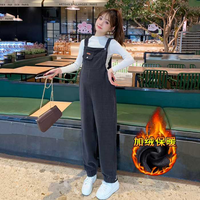 Dark gray suspender pants [fleece-lined thickening]]